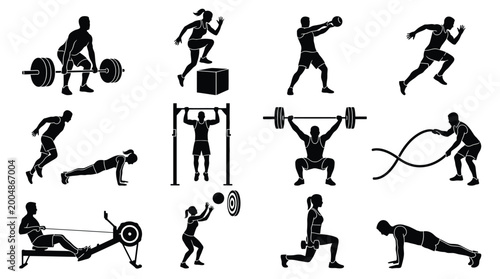 Obraz na plátně Set of silhouettes of people performing various fitness exercises, including wei