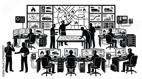 Quadro su tela Emergency dispatch center with operators monitoring fire incidents on large scre