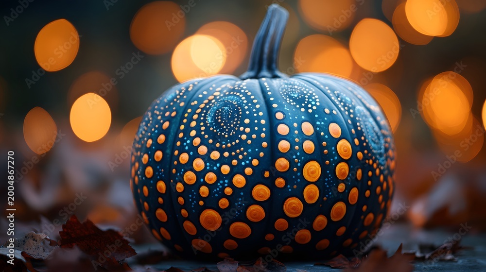 Fototapeta premium A beautifully painted pumpkin with intricate orange dot patterns on a dark blue surface sits among fallen leaves under warm bokeh lights creating a festive autumnal atmosphere perfect for seasonal.
