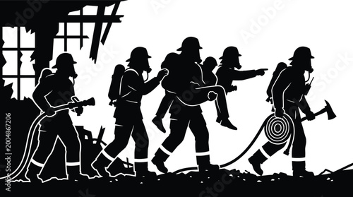 Tableau sur toile Silhouette of a team of firefighters in action, carrying a rescued person from a