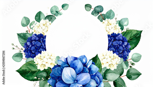 Watercolor painting of a floral frame with blue and white hydrangeas and eucalyptus leaves creating an open archway