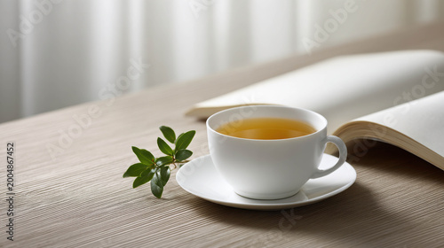 A serene moment of tea time with a book, creating a cozy and relaxing atmosphere