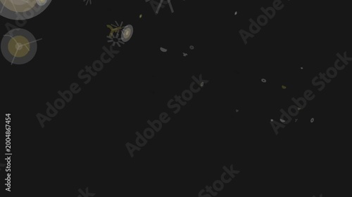 Dust motes and faint celestial bodies drift in a deep, dark void, illuminated by soft, warm golden light, suggesting a cosmic or ethereal scene.