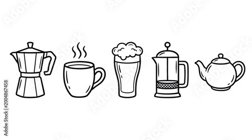 Foto Set of coffee and tea icons, including moka pot, coffee cup, beer glass, french