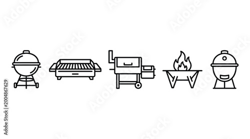 Valokuva Set of barbecue grill icons, including kettle grill, flat top griddle, offset sm