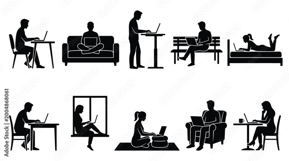 Fototapeta premium Set of people working on laptops in different positions and locations, silhouette icons vector illustration of remote work, freelance, study, and digital nomad lifestyle