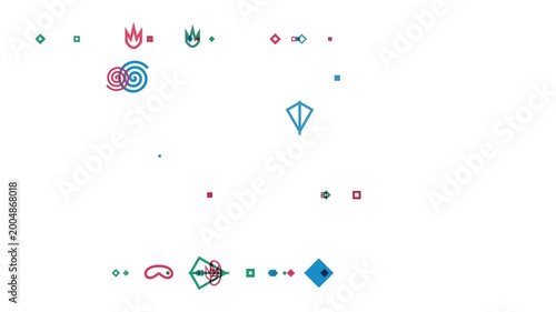 A clean white background is adorned with scattered small, colorful graphic icons including swirls, crowns, and diamonds, suggesting a playful and organized digital aesthetic.