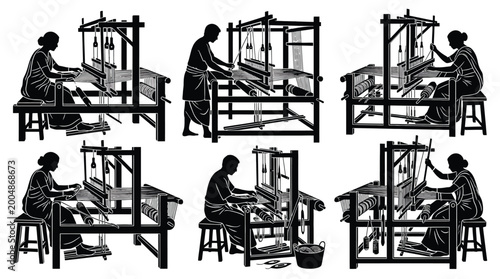 Fotografi Set of silhouettes of traditional indian weavers working on handlooms, showcasin