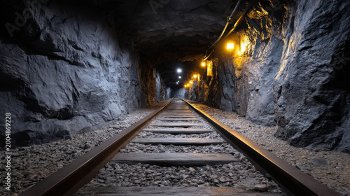 Tunnel with railway, leading lines and lights. The tunnel appears dark and mysterious with a pathway