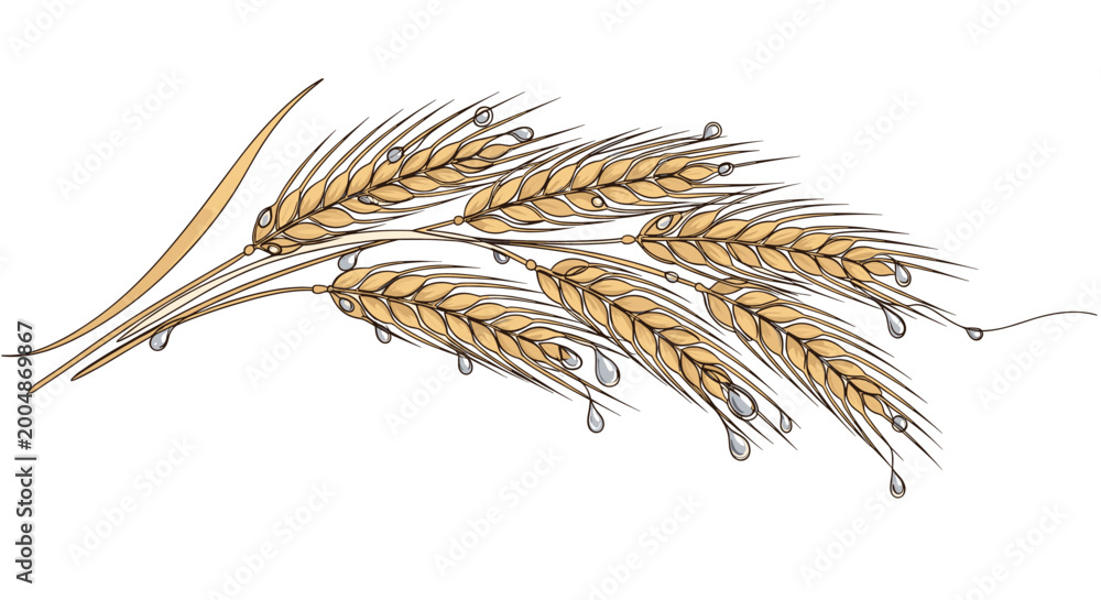 Fototapeta premium Golden wheat stalks with fresh dew drops, suitable for food packaging and farm branding.