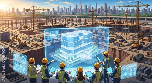 Construction site with digital projections and workers overseeing design