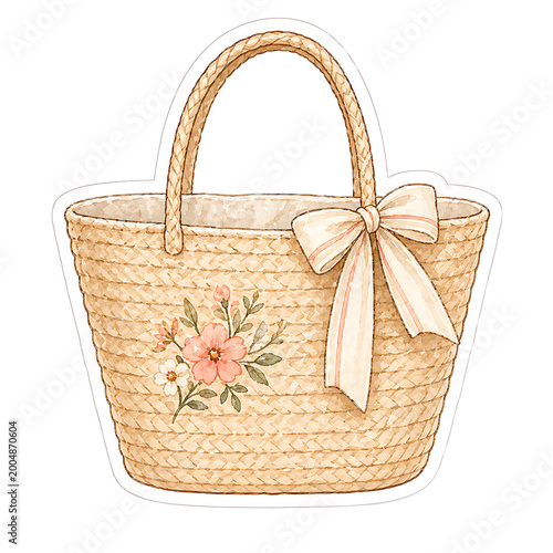 Woven Beach Bag Floral Sticker Illustration