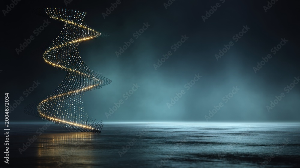 Obraz premium Illuminated digital structure forms a dramatic spiraling shape above a reflective wet floor