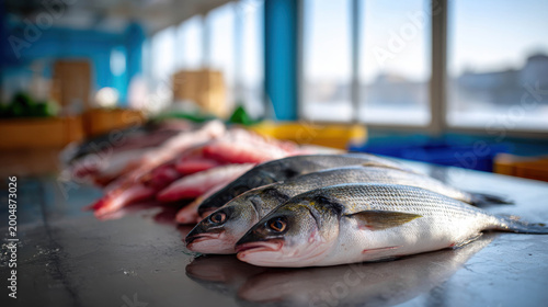 Freshly caught fish arranged neatly on a metal table, ready for processing. The scene hints at the day's catch, with their scales shimmering in the light.
