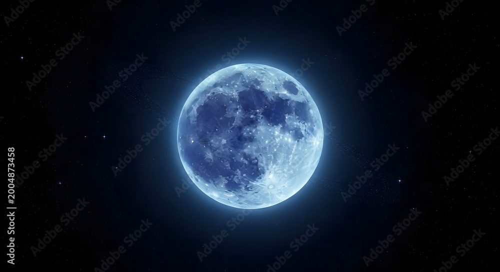 Fototapeta premium luminous blue planet with faint rings glowing surface craters ridges cosmic starry background ethereal design