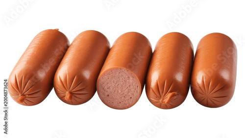 Row of five pinkish sausages or hot dogs arranged horizontally on a plain white background