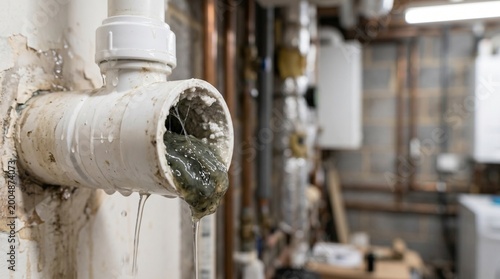 Severe plumbing blockage in white PVC pipe with slime and water dripping in a boiler room. Close up of internal mineral scale and organic waste accumulation problem detail.