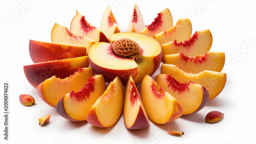 Sliced fresh ripe peach fruit with visible pit arranged on a pure white background surface