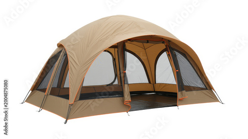 Tan camping tent with mesh windows and open entrance isolated on a white background
