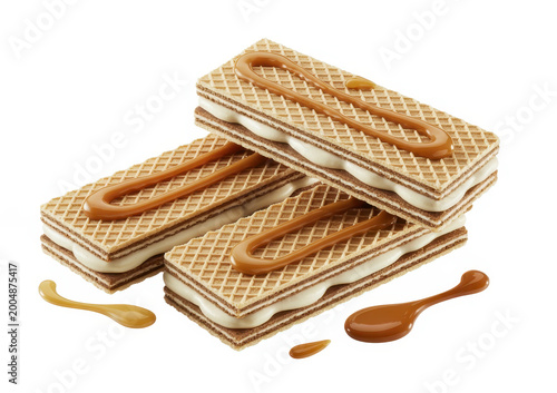 Three rectangular wafer cookies with creamy filling and caramel drizzle on a white background