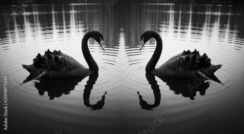 Two black swans facing each other in a mirror reflection on calm water surface black and white