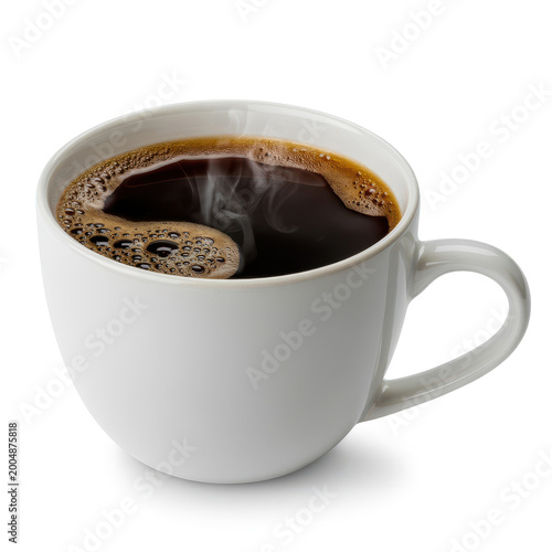 White ceramic cup filled with hot black coffee and steam isolated on a white background