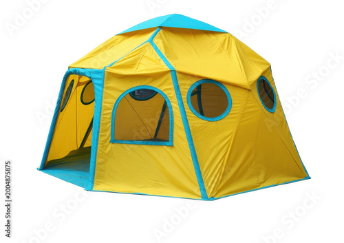 Yellow and blue dome shaped play tent for children with round windows on a white background