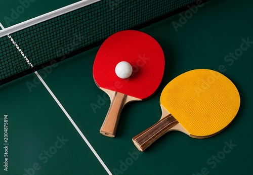 Professional ping pong sports branding concept with red and yellow paddles on emerald court