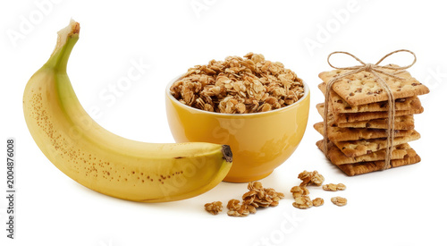 A fresh banana beside a bowl of granola and a stack of square crackers on white background