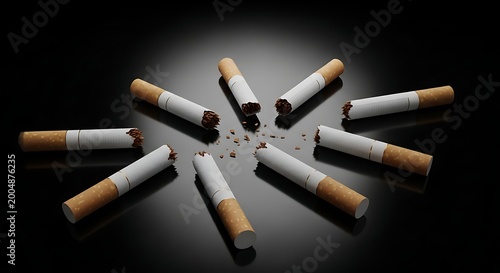 Broken cigarettes arranged in a circle on a dark reflective background, conceptual image for quitting smoking and tobacco cessation