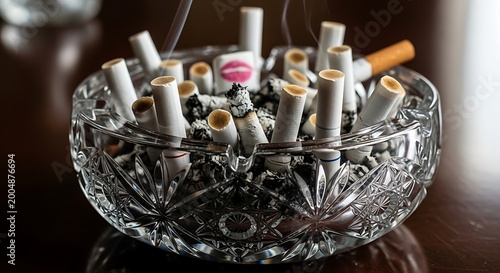 Closeup of a crystal ashtray filled with many cigarette butts and ash, with one cigarette featuring a lipstick mark on the filter