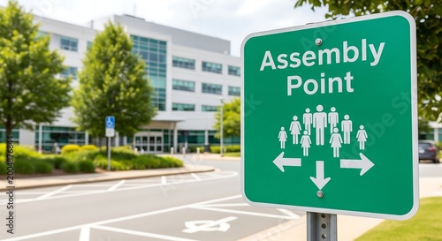 A green assembly point sign with people icons and directional arrows in front of a modern office building.