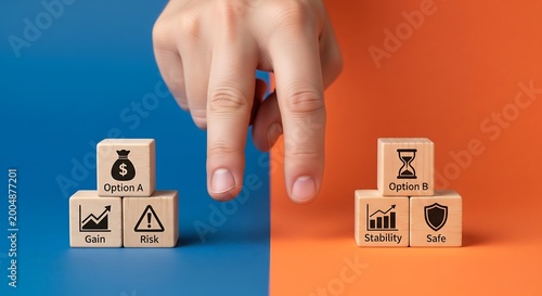 Fingers hovering over two stacks of wooden blocks, representing contrasting investment options: Option A (Gain, Risk) and Option B (Stability, Safe).