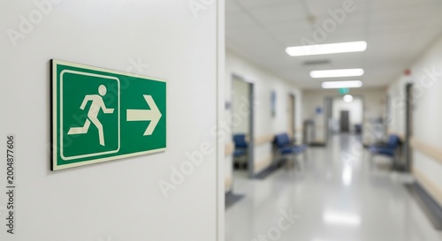 A green emergency exit sign with a running figure and an arrow pointing to the right is mounted on a white wall in a hospital corridor.