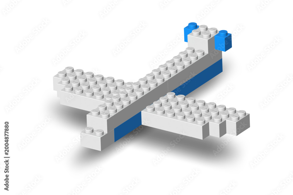 Obraz premium White and blue airplane made by realistic Lego plastik constructor parts isolated on white background. Fly travel concept. 3D rendered editorial vector illustration