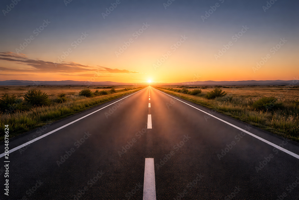 Obraz premium Long straight empty asphalt highway road stretching into the distant horizon during a beautiful golden sunset representing a journey of freedom and endless travel possibilities