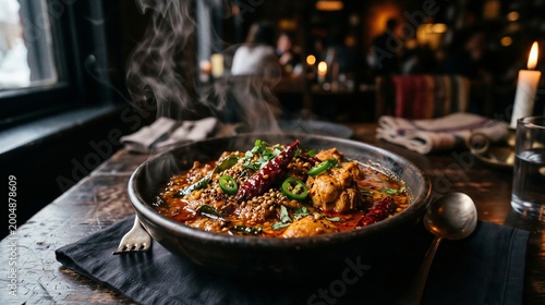 A steaming hot bowl of food with green herbs and red peppers sits on a wooden table in a dimly lit restaurant with people in the background