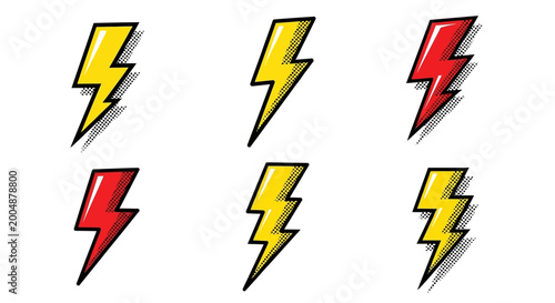 Retro Comic Book Style Lightning Bolt Icon Set in Yellow and Red