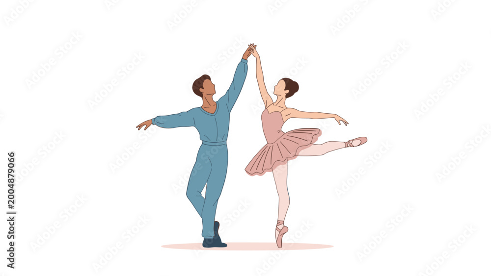 Fototapeta premium Professional male and female ballet dancers performing elegant dance routine together on stage against plain white background.