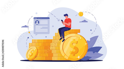 Man sitting on large pile of gold coins while using his smartphone for mobile banking or financial management online.