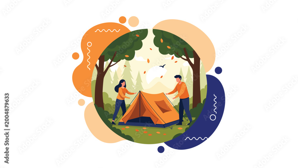 Fototapeta premium Young couple working together to set up an orange tent for a camping trip in a lush green forest during the beautiful autumn season.