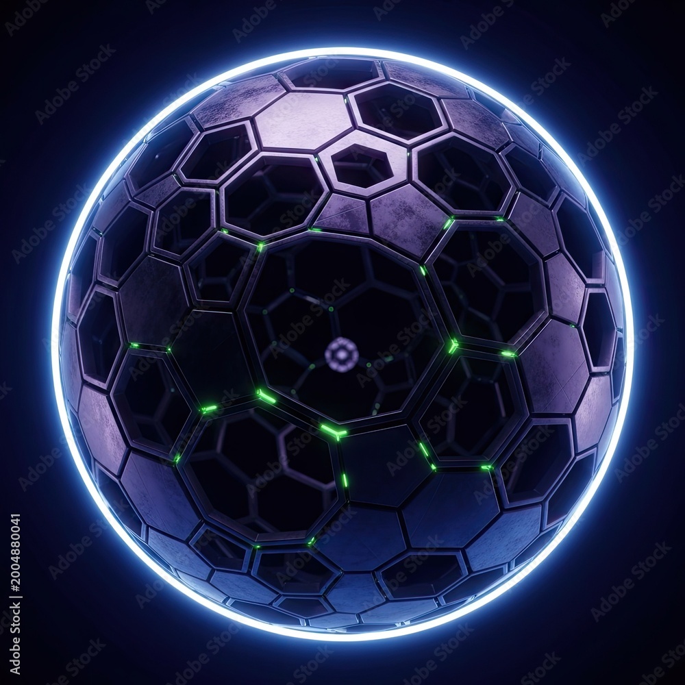 Naklejka premium Futuristic spherical object glows with internal green lights and an external blue aura