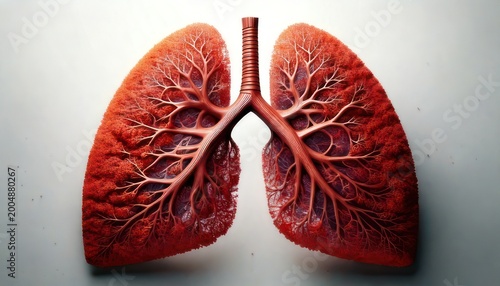 Human lungs with intricate branching structure against a neutral backdrop.