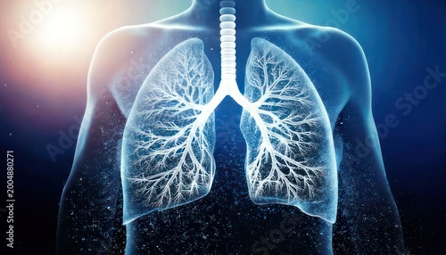 Human lungs illustration with bright light and blue background.