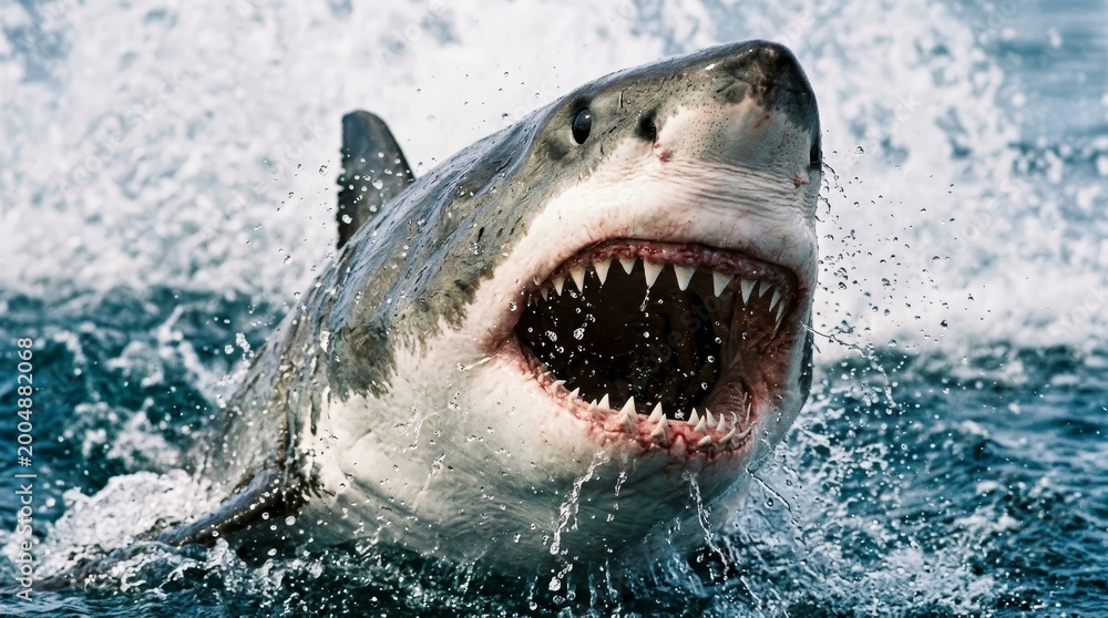 Fototapeta premium Great white shark breaching ocean aggressive close up predator wildlife action scene