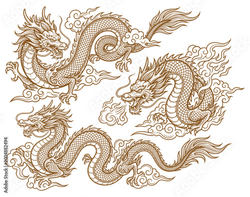 Set of Hand Drawn Chinese Dragon Vector Illustrations in Traditional Style. 