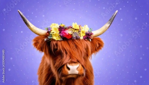 Highland Cow Adorned with a Vibrant Floral Crown on Purple Background.