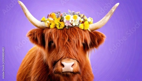 Highland Cow Adorned with Floral Crown on Purple Backdrop.
