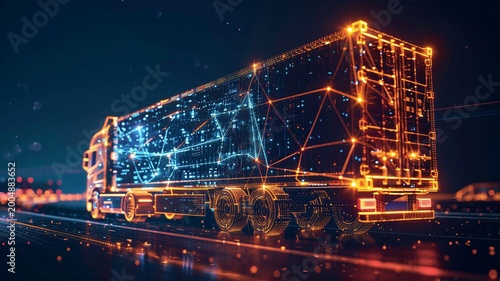 Digital heavy truck wireframe with glowing network dots on highway for smart logistics