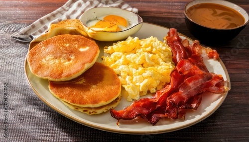 Hearty Breakfast Plate with Pancakes, Eggs, and Bacon.